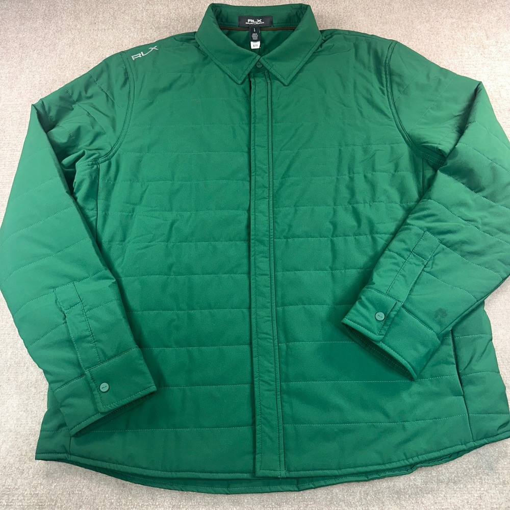 RLX Ralph Lauren Mens Quilted Shirt Jacket Green Snap Zip Front Golf Large NWT
